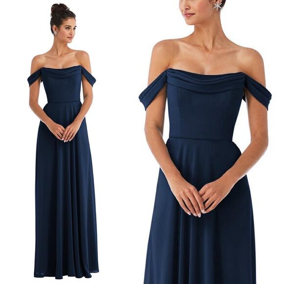 Thread Bridesmaid TH065 Chiffon Off Shoulder Maxi Dress Midnight Blue 24 W NWT - Picture 1 of 9